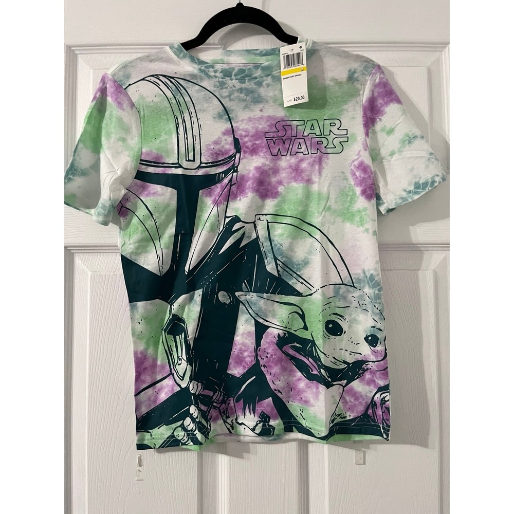 Star Wars Mandalorian Grogu Tie Dye Graphic Tee Kids M 8-10 Purple Green White
